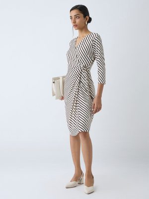 Wardrobe Brown Striped Wrap-Style Dress