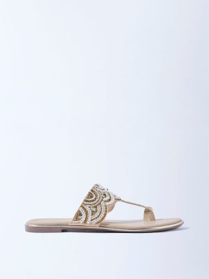 LUNA BLU Beige Pearlescent Kolhapuri Sandals