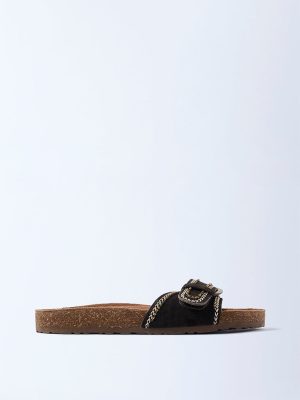 LUNA BLU Olive Buckle-Detailed Slip-On Suede Leather Sandals