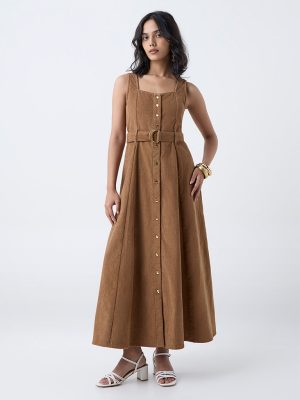 LOV Tan Corduroy Cotton A-Line Dress