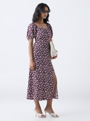 LOV Plum Floral Detailed A-Line Dress