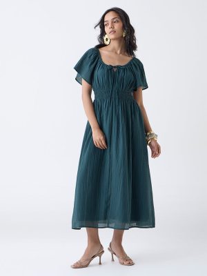 LOV Teal Textured A-Line Dress