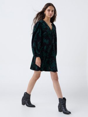 LOV Black Floral Design Cotton A-Line Dress