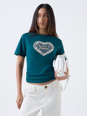 LOV Teal Printed Cotton T-Shirt