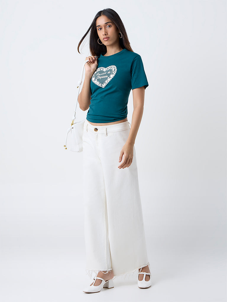 LOV Teal Printed Cotton T-Shirt - Image 2