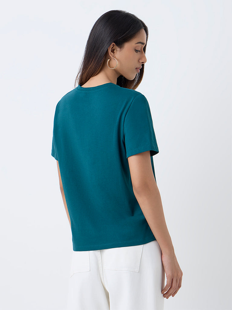 LOV Teal Printed Cotton T-Shirt - Image 4