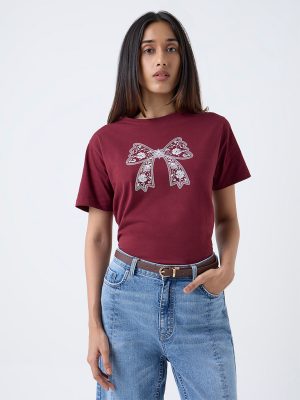 LOV Burgundy Printed Cotton T-Shirt