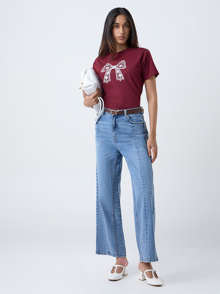 LOV Burgundy Printed Cotton T-Shirt - Image 2