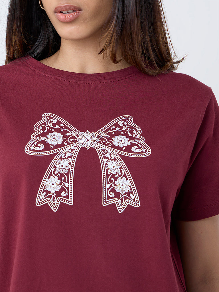 LOV Burgundy Printed Cotton T-Shirt - Image 3