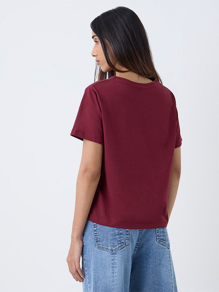 LOV Burgundy Printed Cotton T-Shirt - Image 4