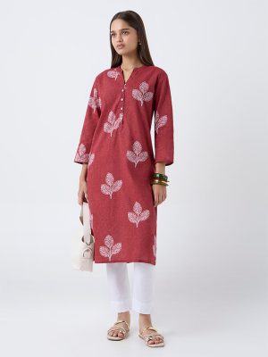 Utsa Red Leaf Pattern Cotton Straight Kurta