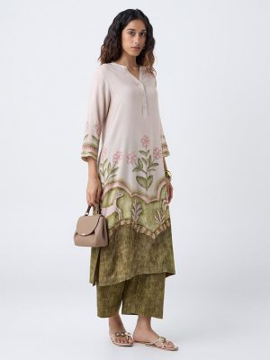 Utsa Beige Floral Pattern A-Line Kurta