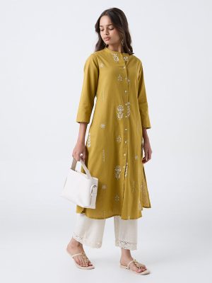 Utsa Mustard Floral Embroidered Cotton-Blend A-Line Kurta