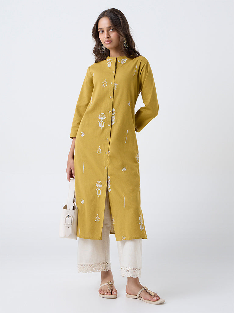 Utsa Mustard Floral Embroidered Cotton-Blend A-Line Kurta - Image 2