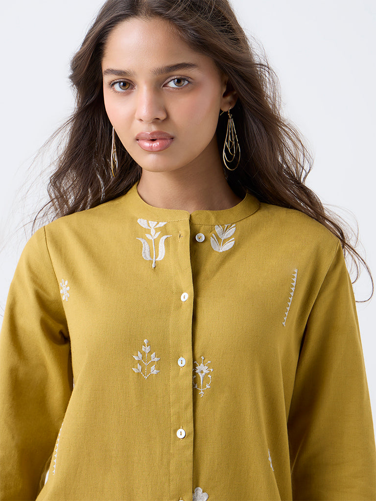 Utsa Mustard Floral Embroidered Cotton-Blend A-Line Kurta - Image 3