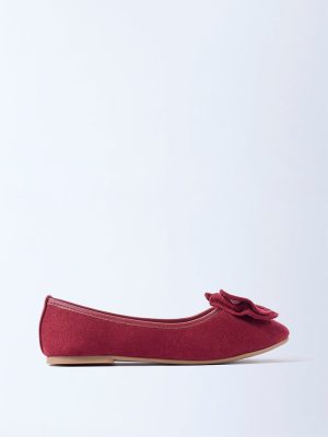Yellow Red Bow-Detailed Suede Ballerinas