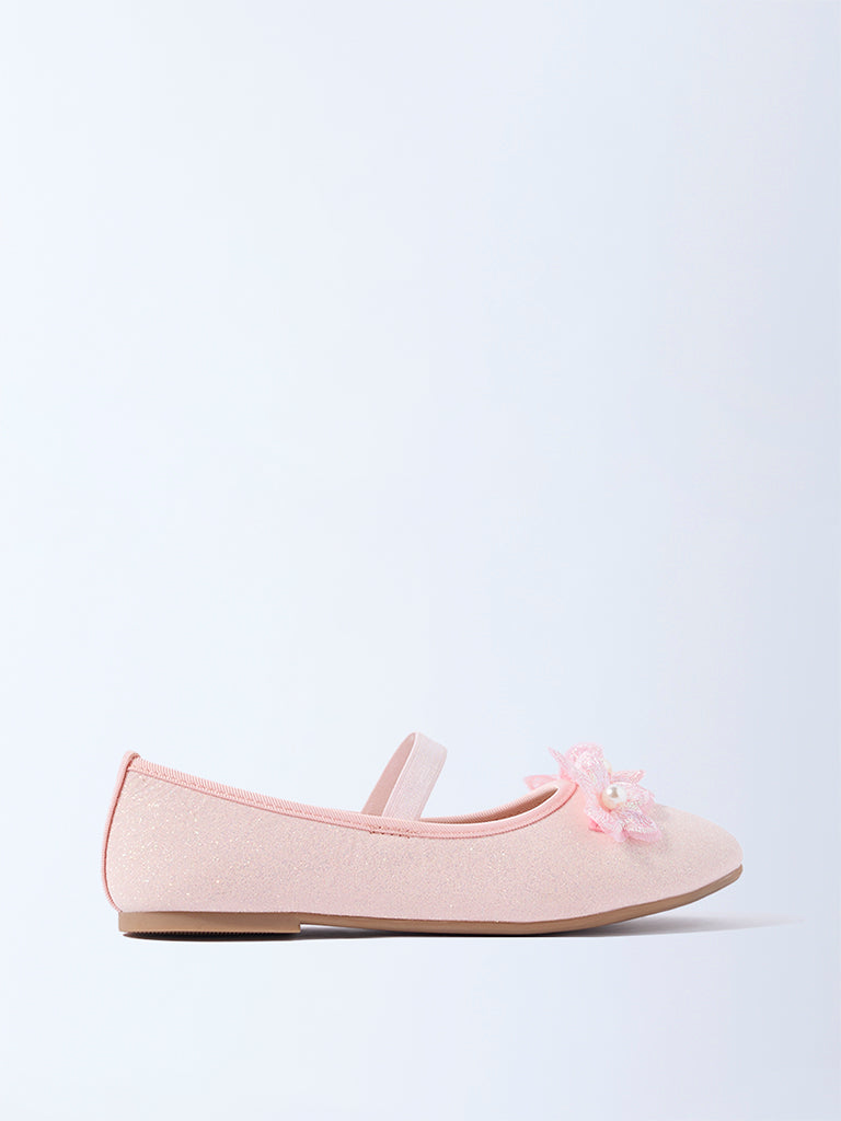 Yellow Light Pink Floral Detailed Mary Jane Shoes