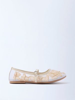 Yellow Beige Floral Embroidered Mary Jane Shoes