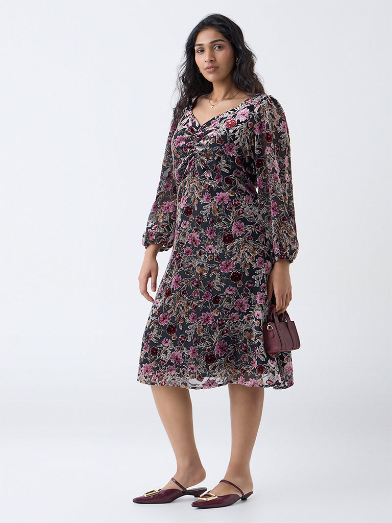 Gia Multicolour Floral Pattern Velvet A-Line Dress - Image 2