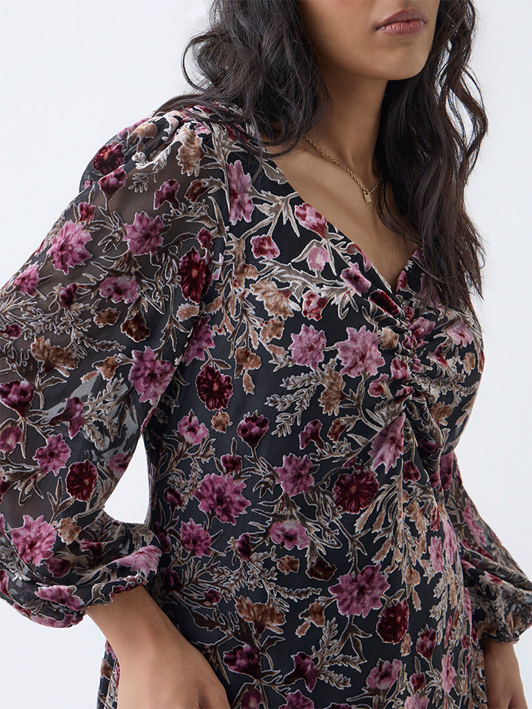 Gia Multicolour Floral Pattern Velvet A-Line Dress - Image 3