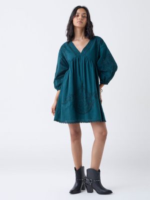 LOV Teal Embroidered Cotton A-Line Dress