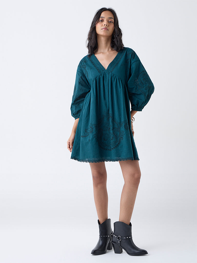 LOV Teal Embroidered Cotton A-Line Dress