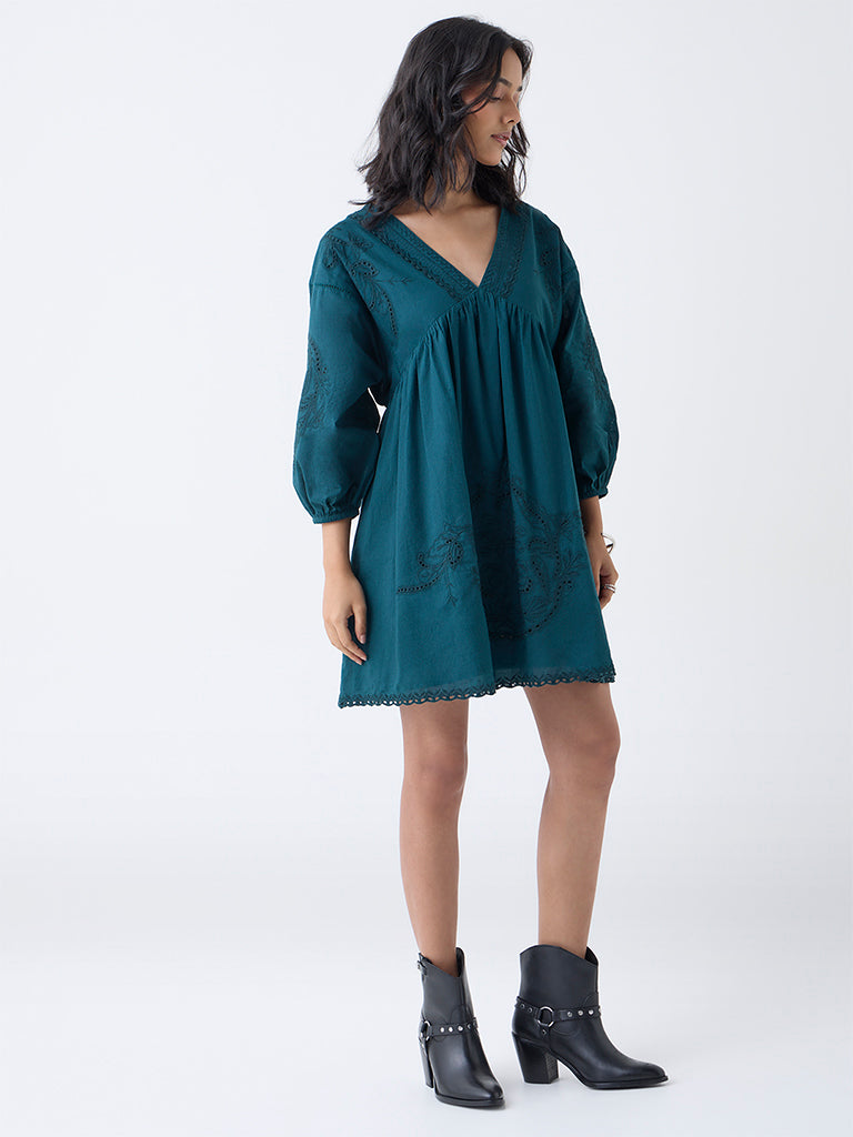 LOV Teal Embroidered Cotton A-Line Dress - Image 2