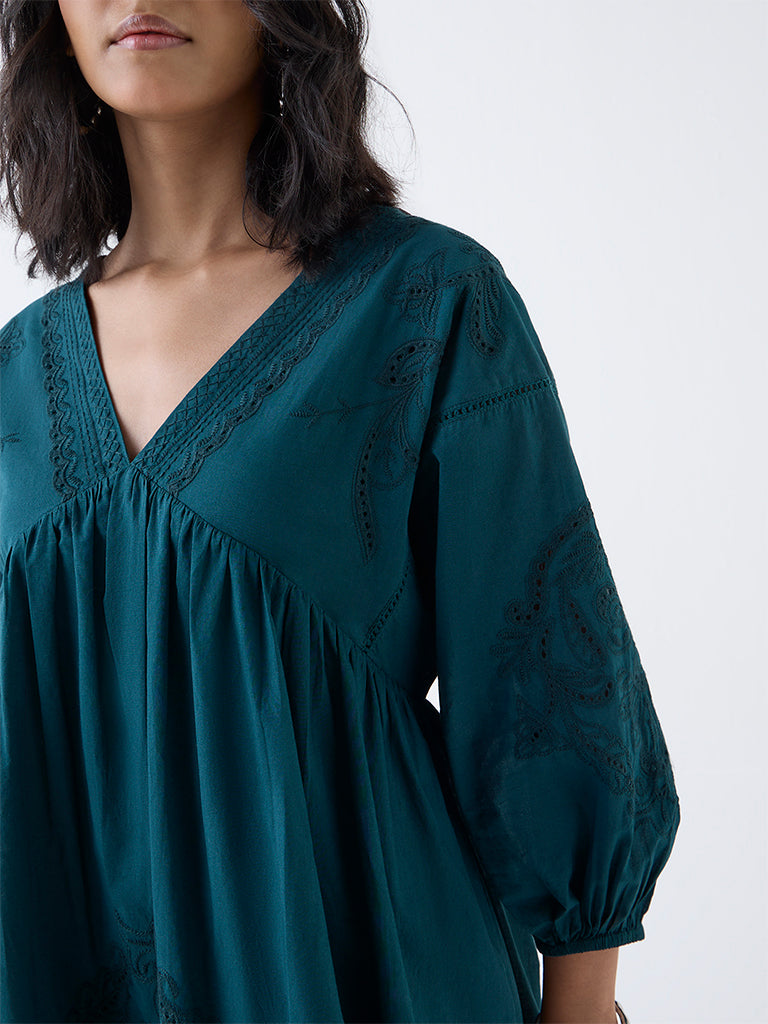 LOV Teal Embroidered Cotton A-Line Dress - Image 3