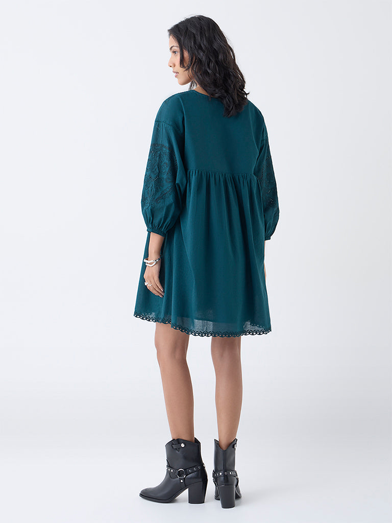 LOV Teal Embroidered Cotton A-Line Dress - Image 4