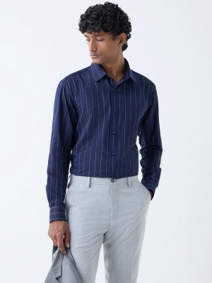 WES Formals Navy Pinstriped Relaxed-Fit Cotton Shirt