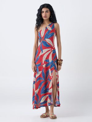 Bombay Paisley Red Foliage Pattern One-Shoulder Dress
