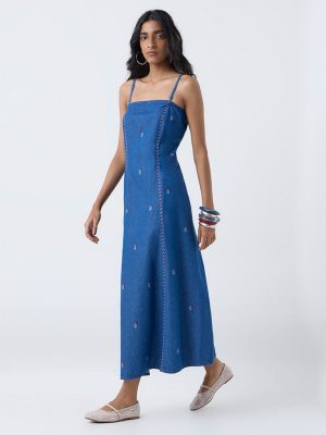Bombay Paisley Blue Floral Embroidered Denim A-Line Dress