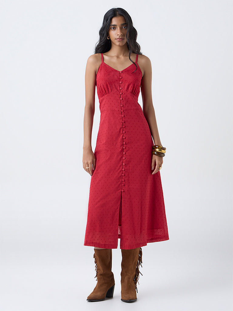 Bombay Paisley Red Embroidered Cotton A-Line Dress