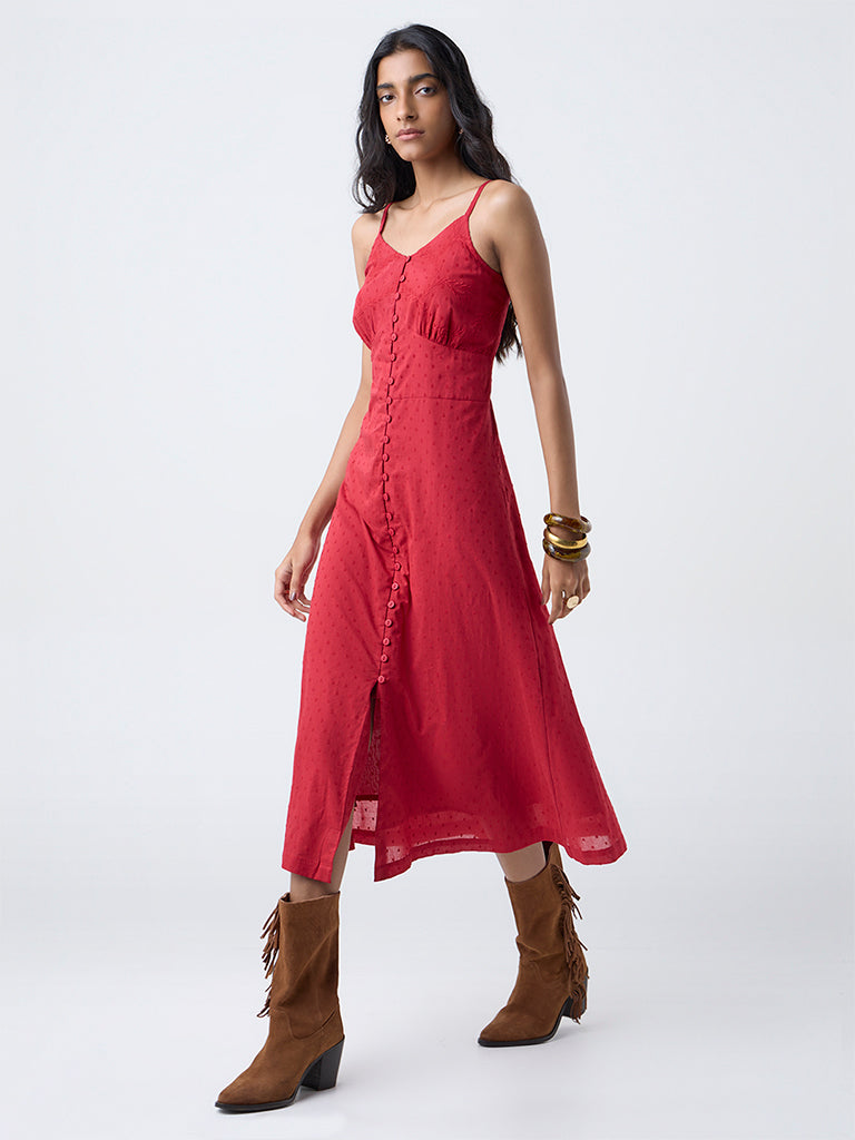 Bombay Paisley Red Embroidered Cotton A-Line Dress - Image 2