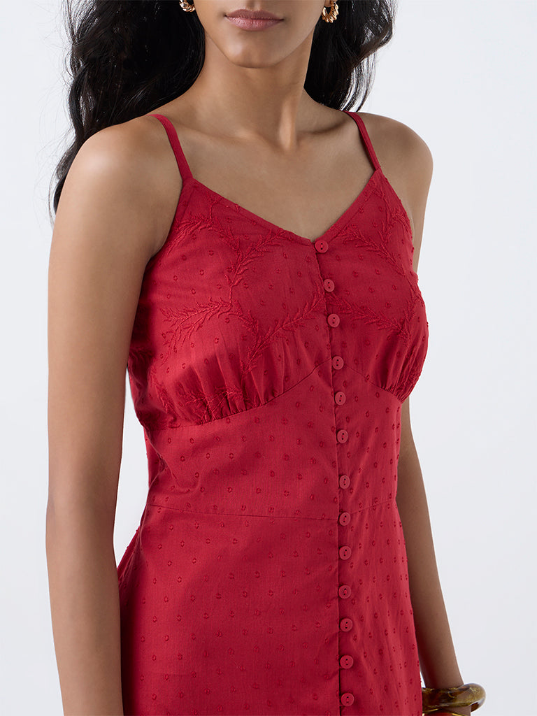 Bombay Paisley Red Embroidered Cotton A-Line Dress - Image 3