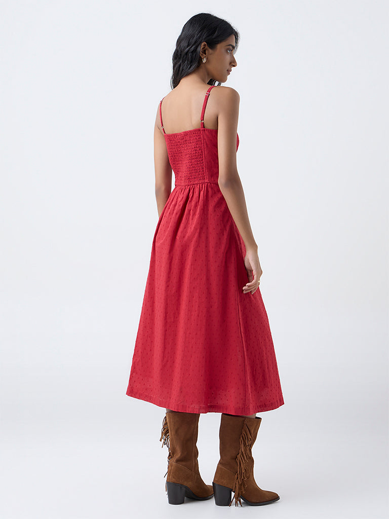 Bombay Paisley Red Embroidered Cotton A-Line Dress - Image 4