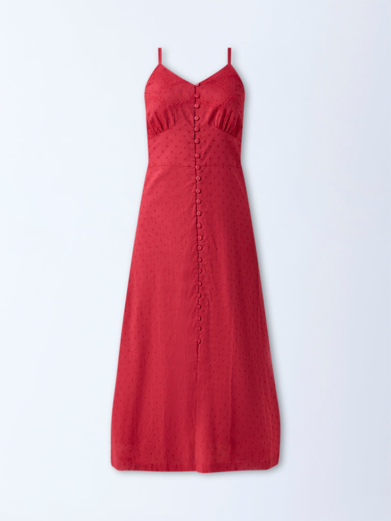 Bombay Paisley Red Embroidered Cotton A-Line Dress - Image 5
