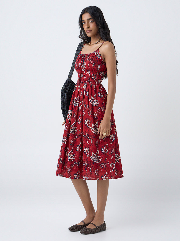 Bombay Paisley Red Floral Design Cotton A-Line Dress