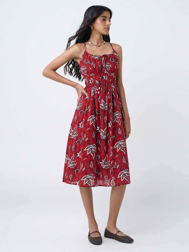 Bombay Paisley Red Floral Design Cotton A-Line Dress - Image 2