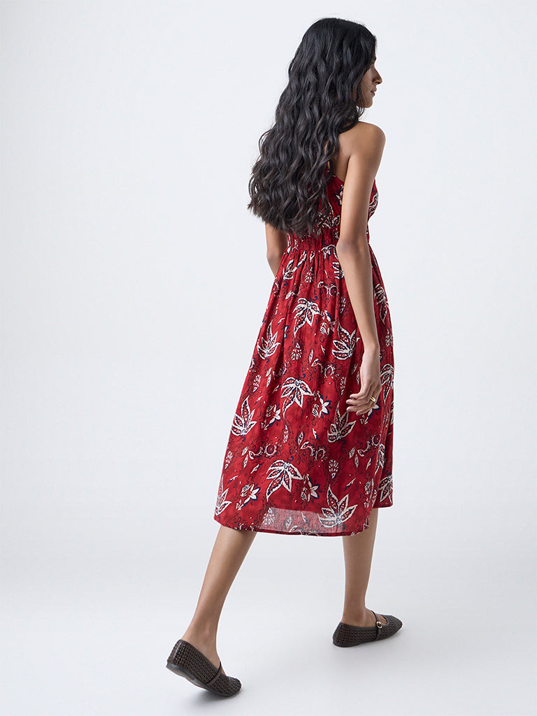 Bombay Paisley Red Floral Design Cotton A-Line Dress - Image 4