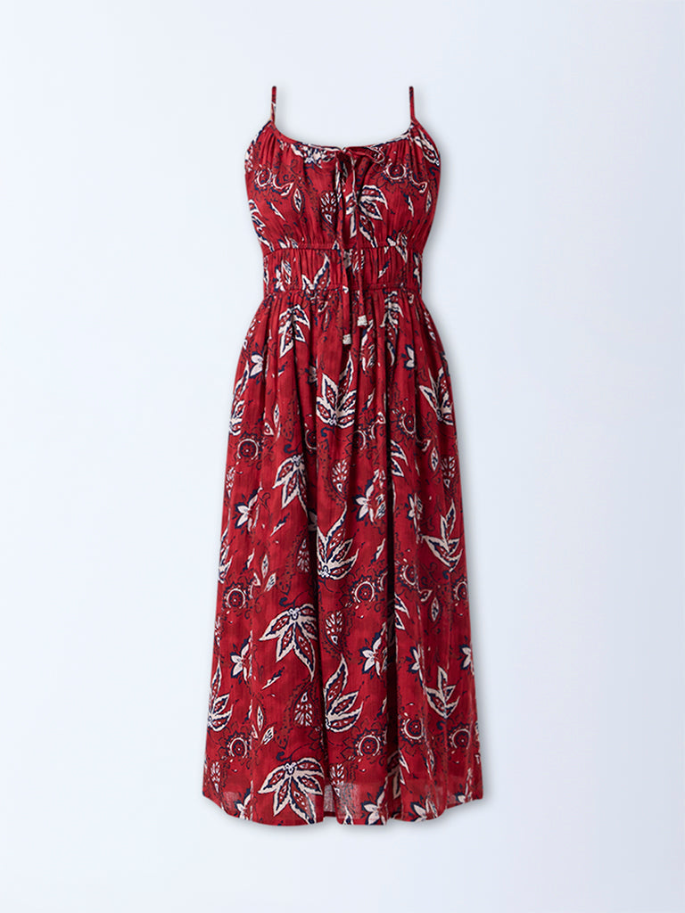Bombay Paisley Red Floral Design Cotton A-Line Dress - Image 5
