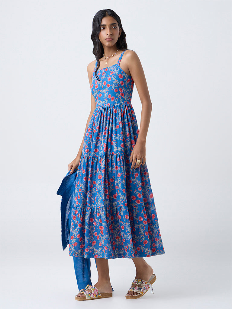 Bombay Paisley Blue Floral Cotton Tiered Dress with Jacket - Image 2
