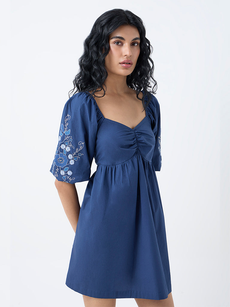 Bombay Paisley Navy Embroidered Cotton A-Line Dress - Image 2