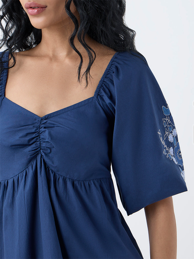 Bombay Paisley Navy Embroidered Cotton A-Line Dress - Image 3