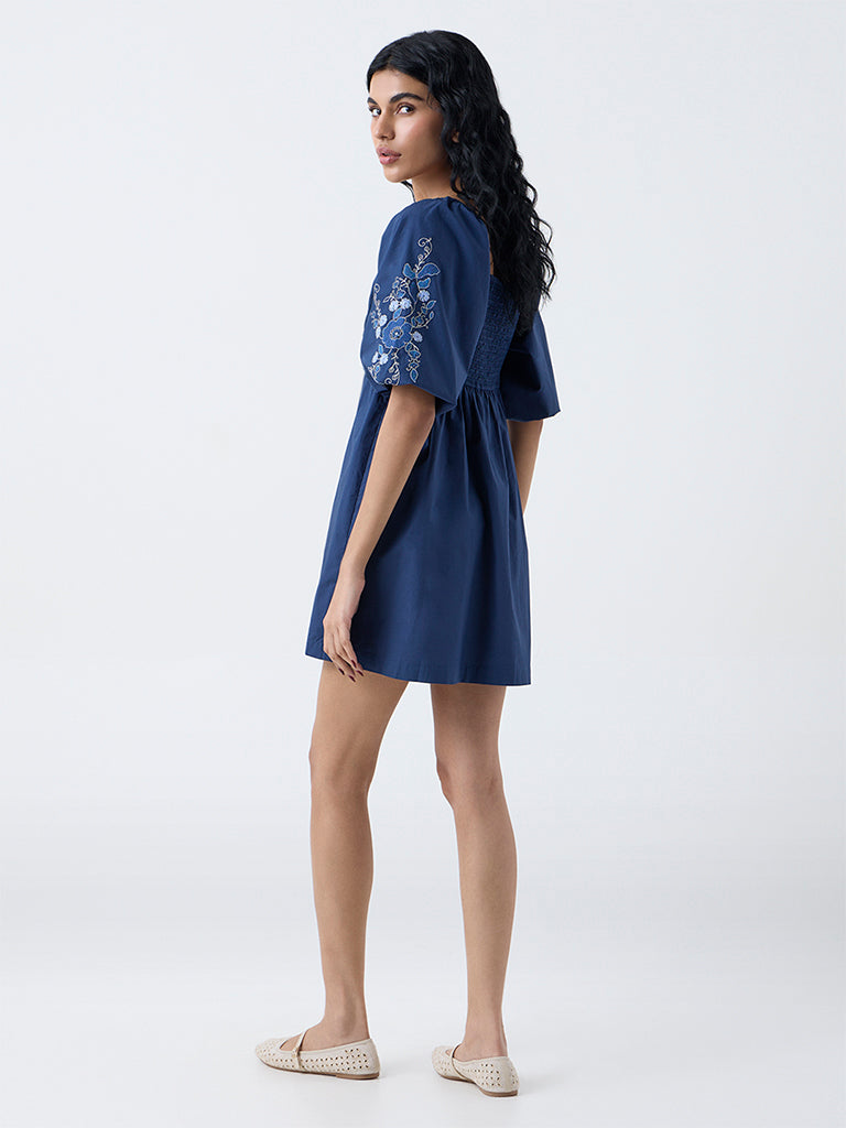 Bombay Paisley Navy Embroidered Cotton A-Line Dress - Image 4