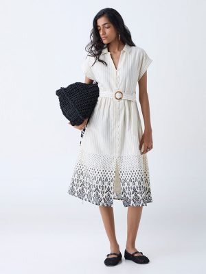 Bombay Paisley Off-White Cotton Shirt Dress with Belt