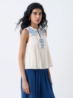 Bombay Paisley Off-White Embroidered Cotton Top