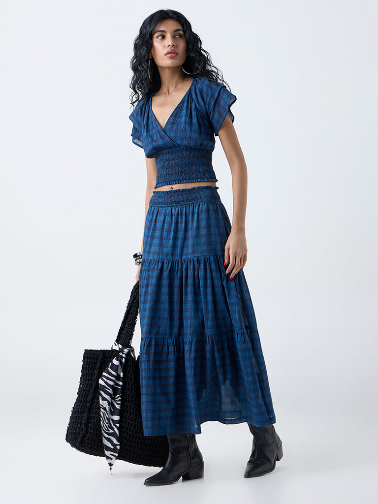 Bombay Paisley Dark Blue Checkered Cotton Top - Image 2