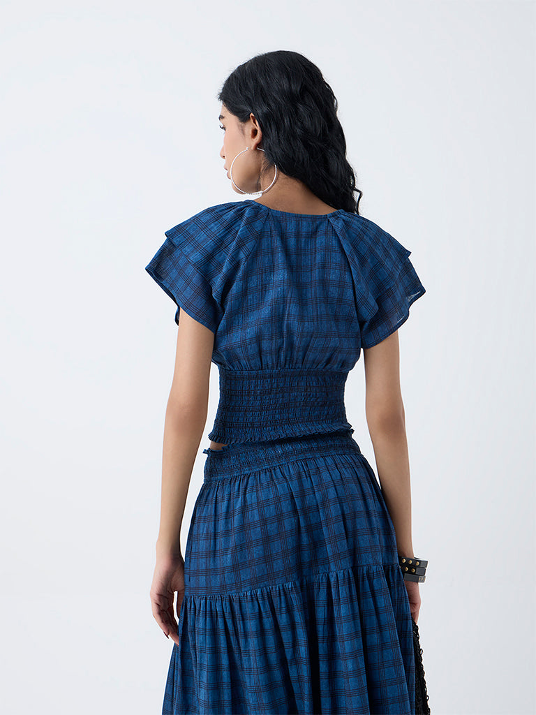 Bombay Paisley Dark Blue Checkered Cotton Top - Image 4