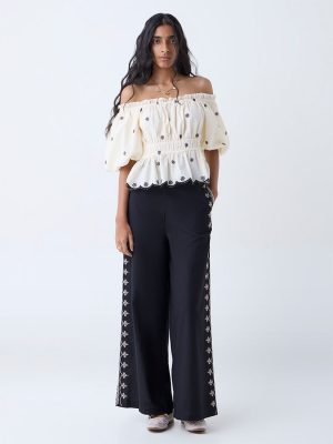 Bombay Paisley Cream Embroidered Off-Shoulder Cotton Top
